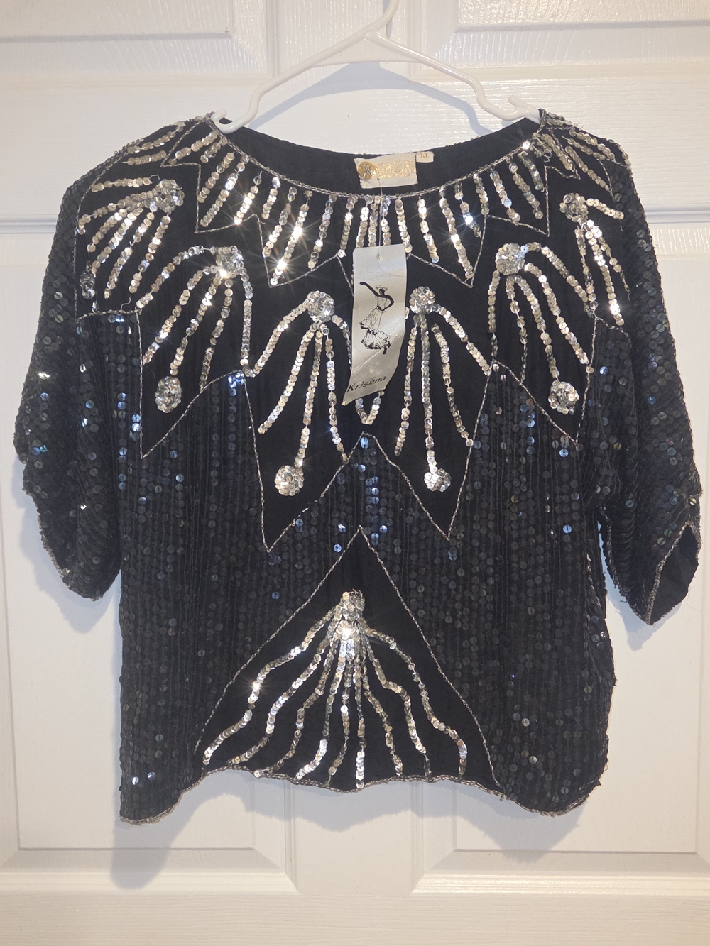 VTG Krishna Black 100% Silk Sequin Beaded Top Blouse XL NWT
